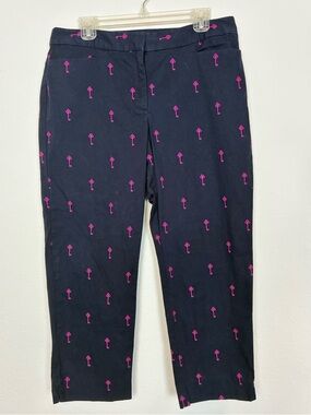 Talbots 🗝️Unusual Curvy Cut Navy Pants w/ Hot Pink Key Embroidery🗝️pockets
